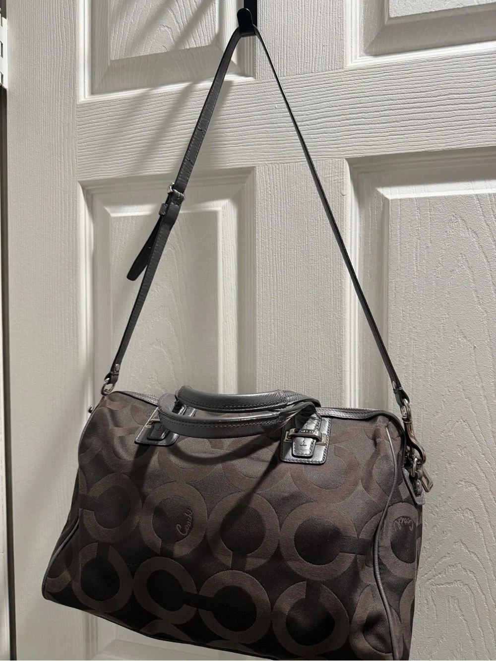 Coach Dark Brown Logo Satchel with Gray Trim